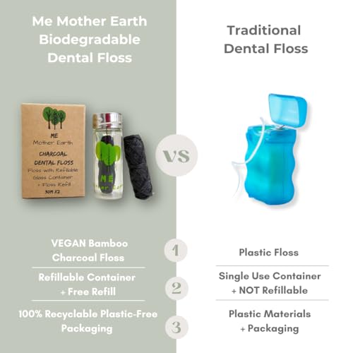 Vegan Biodegradable Bamboo Charcoal Dental Floss with Refillable Glass Container and Dental Floss Refill, 30M x4 | Peppermint Essential Oil | Eco Friendly | Zero Waste Oral Care