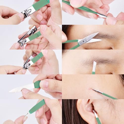 HANTEKAS Manicure Set 10 in 1 Stainless Steel, Nail Clippers Scissors Pedicure Tools Kit - Portable Travel Grooming Kit for Men and Women with Leather Case (Jade Green) Jade Green