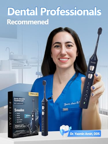 7MAGIC Navy Blue Sonic Electric Toothbrush Bundle with Genuine Brush Heads for Deep Cleaning 2-Pack