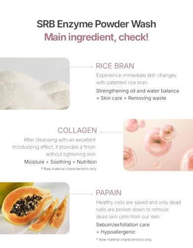 SRB Stabilized Rice Bran Enzyme Powder Wash - Exfoliating Face Wash with Enzymes for Sensitive and Acne Skin - Hydrating Collagen Rice Cleansing Powder (2.46oz)