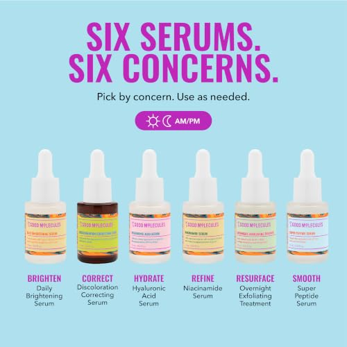 Good Molecules The Super Serums Discovery Set – 6 Mini Serums (0.5 Fl Oz Each) – Hyaluronic Acid, Niacinamide, Discoloration Correcting, Daily Brightening, Super Peptide & Overnight Exfoliating 15ml x 6