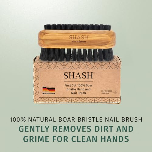 SHASH Made in Germany - 100% First Cut Boar Bristle Nail Brush - Gently Removes Dirt, Grime for Clean Hands - Exfoliates Skin for Soft, Smooth Texture, Wood (Olive) (Black Boar Bristle) Black Boar Bristle