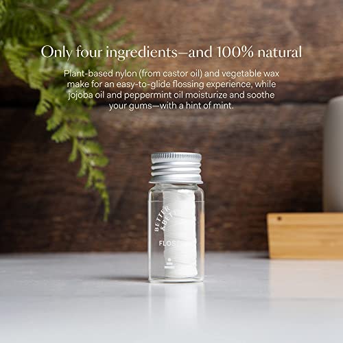 Better & Better Natural Floss in Refillable Glass Jar | 100% Plant-Based Waxed Dental Floss | with Natural Jojoba Oil & Peppermint, Zero Plastic | 3 Floss Bobbins (Each 30m/32.8yd)