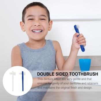 ARTIBETTER 2Pcs Denture Double-sided False Teeth Toothbrush Denture Cleaning Tool (White + Blue)