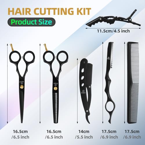 Hair Cutting Scissors Kit with Razor, Leather Case 2-scissors set Black