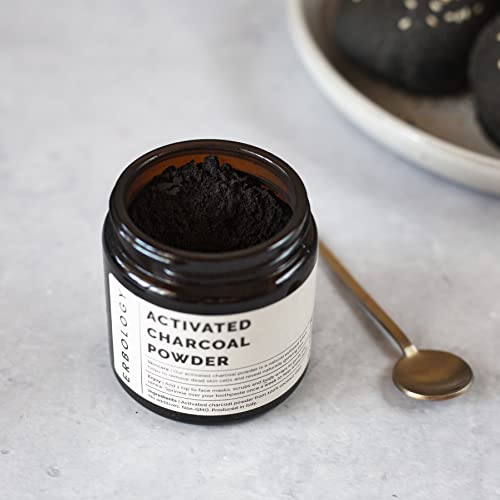 Erbology Activated Charcoal Powder 1.8 oz - Teeth Whitening - Add to Face Masks, Toothpaste and Body Wraps for Natural Exfoliation - Natural Digestive Aid - Vegan - Recyclable Glass Jar 3.2 Ounce (Pack of 1)