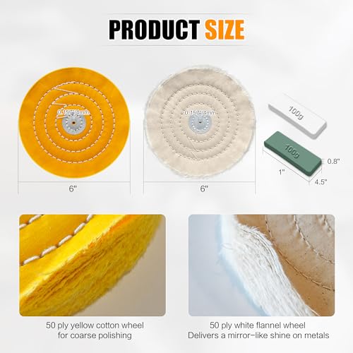 6 Inch Buffing Wheel for Bench Grinder, Polishing Wheel Kit with Polishing Compounds, Cotton Buffing Pads for Jewelry, Metal, Aluminum, Wood, Jade, Stainless Steel, Glass, Plastic Polish 0.157" Arbor Hole