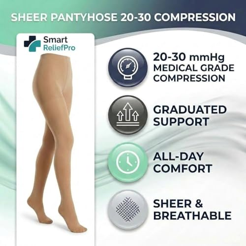 Sheer Compression Pantyhose For Women, 20-30 mmHg Support, Sheer, Silky-Soft Compression Pantyhose With Non-Bulky Comfort X-Large Beige