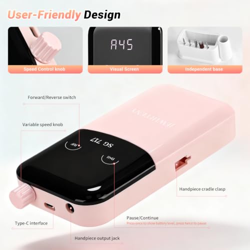 JEWHITENY Rechargeable Cordless Nail Drill for Beginners,Professional Nail Drill 45000RPM,SG717 Electric Nail File for Acrylic Gel Nails,Remove Nail Gel Polish(Pink) Pink & Black