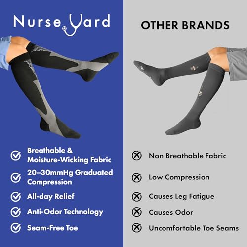 Nurse Yard Compression Socks for Women and Men | 20-30mmHg Graduated Medical Compression Socks for Nurses | Travel and Flying | Athletic Support for Running, Best Compression Socks | 1 Pair Black Large-X-Large