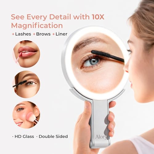 Alory Travel Makeup Mirror with Light, 10X Magnifying Back Side and Rechargeable