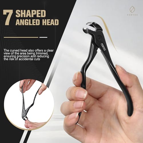 FERYES Ergonomic Non-Slip Long Handle Nail Clippers for Seniors, Unique Angled Head Curve Wide Jaw Opening Toenail Clipper with Catcher for Thick Toenails and Fingernails Black (Large)
