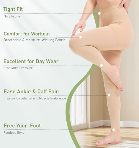 KEKING Medical Compression Pantyhose for Women & Men, Comfort 15-20 mmHg Graduated Compression Support Stockings, Footless Compression Tights for Varicose Veins, Edema, Flight, Beige L 15-20mmhg Footless Beige Large