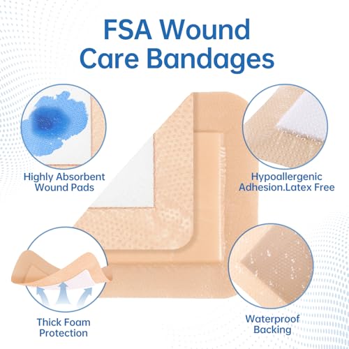 Niceful Silicone Foam Dressing 4"x4", Waterproof Silicone Bandages with Border Adhesive, High Absorbency Bed Sore Bandages Wound Care Dressing (2.5"X2.5" Pad), 5 Packs, FSA HSA Eligible 4x4 Inch (5 Pcs)