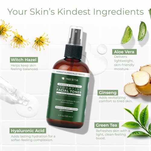 Tree To Tub Ginseng Green Tea Toner Spray for Hydration, 4 Fl Oz Gentle Grapefruit Citrus 4 Fl Oz (Pack of 1)