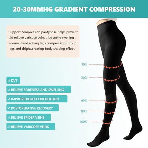 Compression Pantyhose Stockings for Women Men, 20-30 mmHg X-Large Black