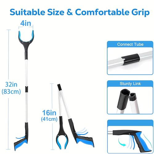 32" Grabber Reacher Tool (2-Pack), Foldable Trash Picker Upper with 360° Rotating Jaw & Magnetic Tip, Heavy Duty Reaching Assist Stick for Seniors, Post Surgery Recovery Must Haves Mobility Aid Blue+orange