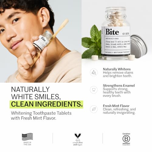 Bite Whitening Toothpaste Tablets – 2 Months – Fluoride Free, Nano Hydroxyapatite + Xylitol, Mint – Vegan, Cruelty-Free, Made in USA, Sensitive Teeth, Travel Size, Adults, Kids, (2 Bottles, 124 Tabs)