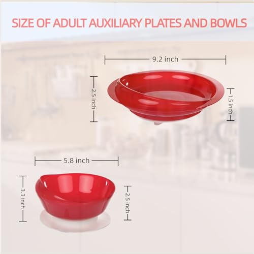 Non-Skid Suction Base Plates & Bowls Set, Adaptive Spill Proof Scoop Dinnerware for Elderly, Disabled, Parkinson’s, Dementia – Self-Feeding Aid，Red (Bowl+Plate) Red(bowl+plate)