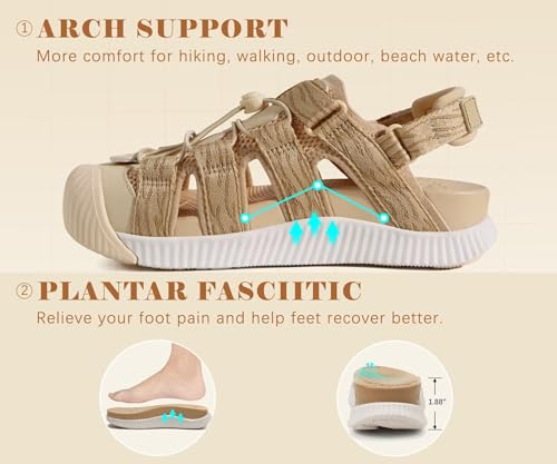 KuaiLu Orthopedic Closed Toe Sandals For Womens Athletic Outdoor Walking 9 Beige White(choose One Size Larger)