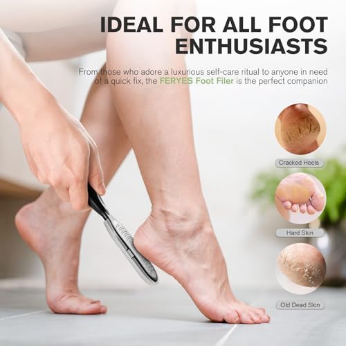 FERYES Foot File Callus Remover with Dead Skin Catcher – The Genius Foot Scrubber for Mess-Free Pedicures, Heel Scraper for Cracked Heel Treatment, Wet & Dry Use Feet Rasp - Black Stainless Steels with Catcher