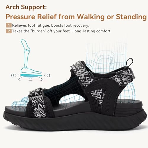 Womens Orthopedic Walking Hiking Sandals with Arch Support for Plantar Fasciitis Relief, Adjustable Strap Quick-Dry Non-Slip Lightweight Summer Outdoor Beach Shoes 8 Black