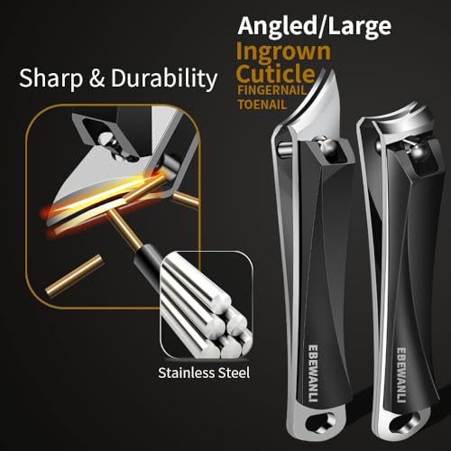 EBEWANLI Nail Clippers Set, Ultra Sharp Nail Clippers for Men, Slanted Angled Ingrown Toenail Clipper and Curved Fingernail Clipper Cutters, Stainless Steel Finger Nail Clippers Adult Black-set