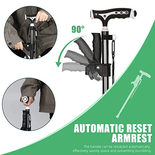Hold 440 Lbs Walking Cane for Men & Women Aluminum Alloy Lightweight Height Adjustable Walking Stick Heavy Duty Foldbale Free Standing Cane with LED for Seniors Adults Black