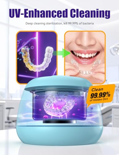 Ultrasonic Retainer Cleaner, EVA BELLE Denture Retainer Cleaner Machine, Tooth Cleaner for Oral Dental Care, Portable Rechargeable Dental Cleaning Pod for Night Guards, Braces, Aligner, Jewelry Blue