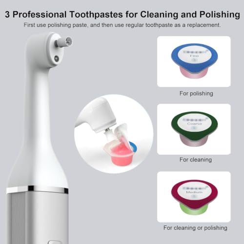 Tooth Polisher,Teeth Polishing Kit for Daily Cleaning,Polishing Then Whitening of Tooth (Professional Toothpaste Include),USB Rechargeable Dental Polisher with LED Light,6 Heads,5 Speed Modes White & Silver