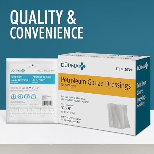 Dynarex Dürma+ Petroleum Gauze Dressings - Sterile Non-Adherent Impregnated Gauze Pads - Maintains Moist Environment and Minimizes Sticking - 3" x 9" - 50 Per Box 50 Count (Pack of 1)