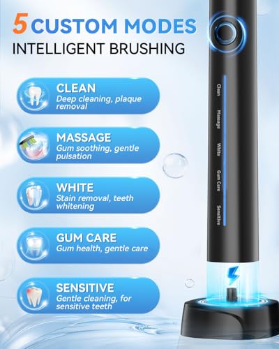 Sonic Electric Toothbrush, Dad Gifts, Gifts for Men, Birthday Gifts for Men, 60-Day Battery Life Rechargeable Power Toothbrush with 5 Modes, 2-Min Smart Timer, 7 Brush Heads & Travel Case (Black) Black