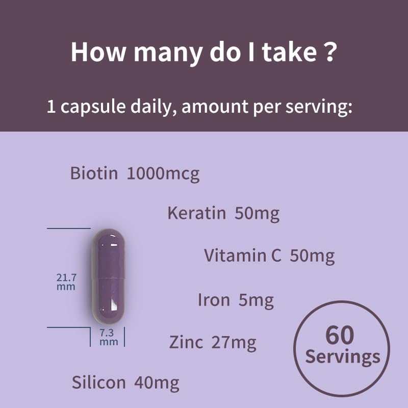 Premium Hair, Skin & Nails Supplement – Biotin 10,000mcg, Keratin, Zinc, Iron, Vitamin C & Silicon – Strengthen Hair & Nails, Boost Glow – 60 Capsules