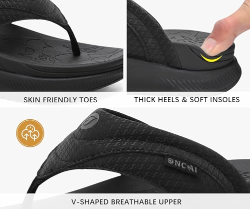 ONCAI Women's Orthotic Cushion Flip Flops Recovery Walking Sandals for Women with Arch Support Summer Comfortable Slip On Flip Flops for Womans Size 6-12 11 Black