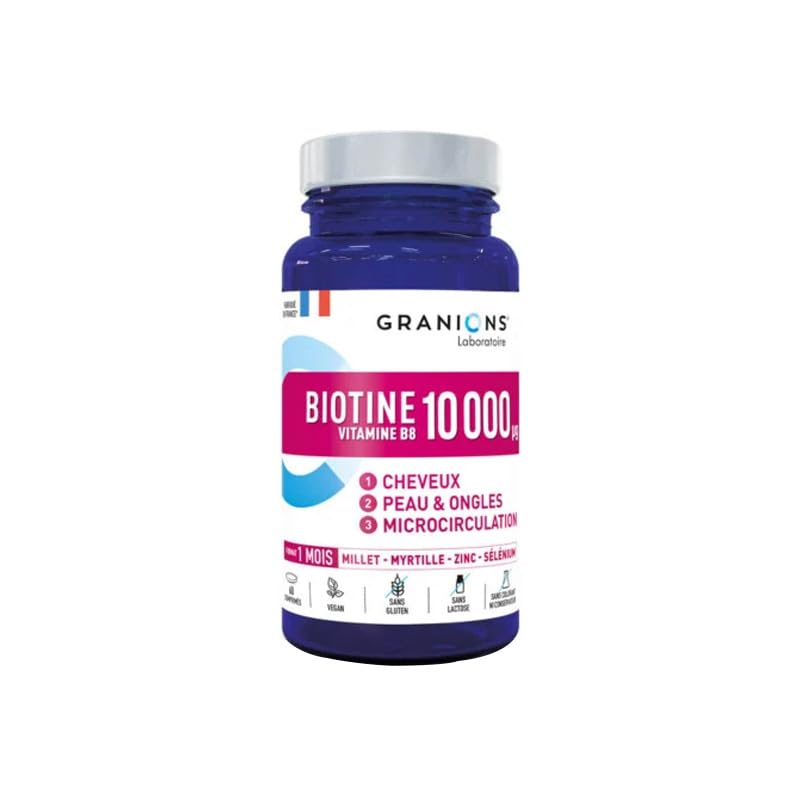 Granions Biotin 10,000 mcg Hair, Skin and Nails Pills - Extra Strength Biotin Complex with Zinc, Selenium, Millet, Bilberry, Aminos - Hair Growth Vitamins Supplement for Women & Men - 60 Tablets Biotin Tablets