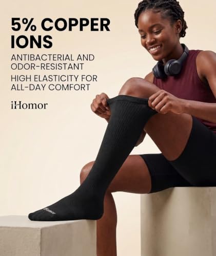 Copper Compression Socks for Women & Men 20-30mmHg - Knee High Seamless Toe Stockings for Nurses, Pregnancy, Travel Flying, Running Black 2 Pairs Large-XLarge
