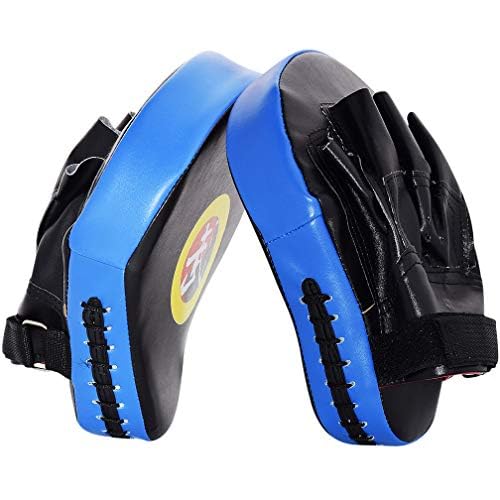 TLBTEK Taekwondo Kick Shield - Muay Thai MMA Karate Kickboxing Training Pads - Curved Leather Strike Shield Blue 2 punching mitts+1 kick pad