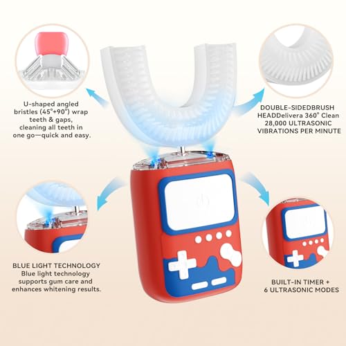 Adult Ultrasonic Electric Toothbrush, u Shaped autobrush Toothbrush Game Console - Red