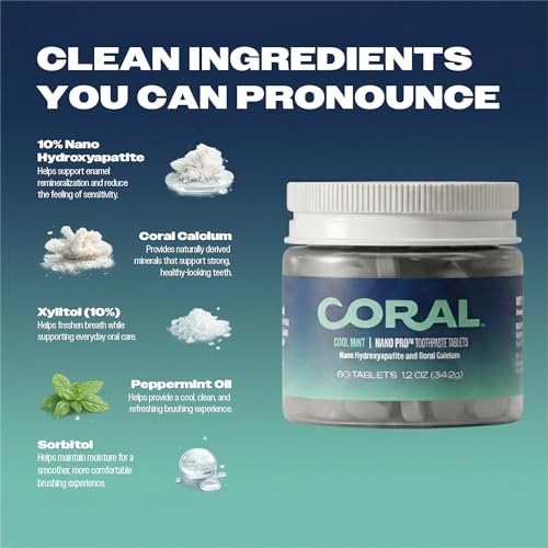 Coral Nano Hydroxyapatite Toothpaste Tablets with Coral Calcium – Remineralizing Enamel Repair, Fluoride Free, SLS Free, Vegan Mint Chewable Tabs, Whitening & Sensitive Teeth, Made in USA, 1 Month 3.38 Ounce (Pack of 2)