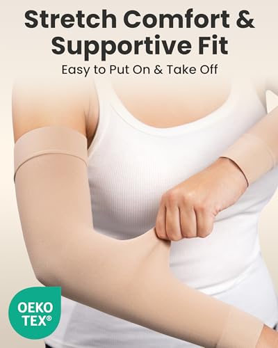 KEMFORD Lymphedema Compression Arm Sleeves for Women - 15-20 mmHg, Silicone Grip, 1 Pair - Arm Support for Swelling & Edema Beige S/M