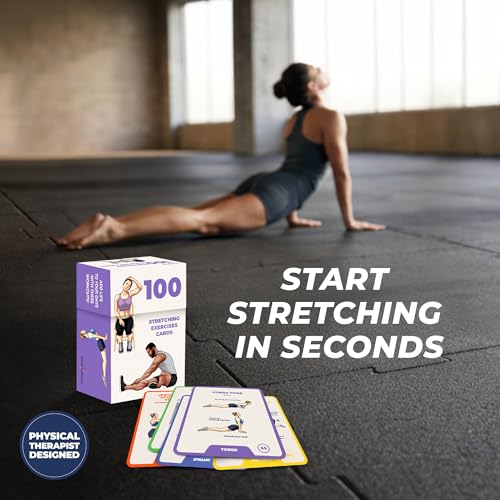 Stretching Exercise Cards – 100 Illustrated Flexibility and Mobility Flash Cards Designed by a Physical Therapist with Video Tutorials for Men and Women