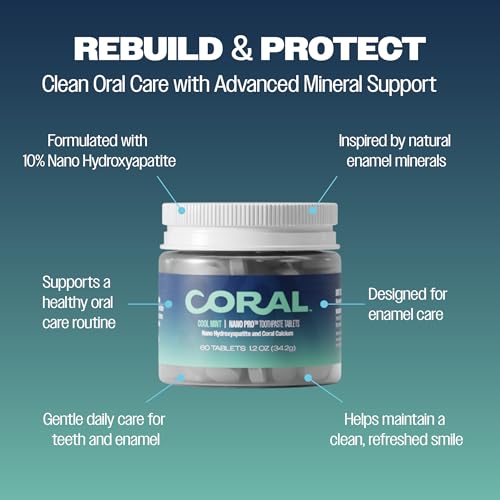 Coral Nano Hydroxyapatite Toothpaste Tablets with Coral Calcium – Remineralizing Enamel Repair, Fluoride Free, SLS Free, Vegan Mint Chewable Tabs, Whitening & Sensitive Teeth, Made in USA, 1 Month 3.38 Ounce (Pack of 2)