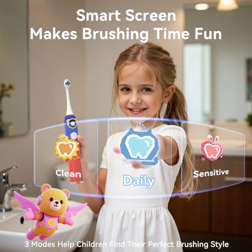 SEAGO Kids Electric Toothbrush, Pressure Sensor, Rechargeable, 8 Heads Red