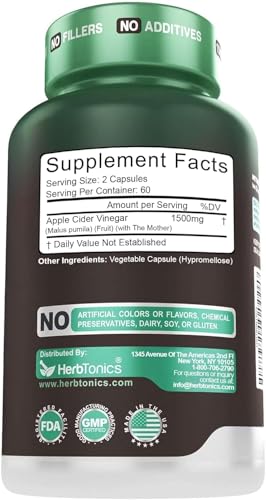 Herbtonics Raw Apple Cider Vinegar 1500mg with Mother, 120 Capsules 120 Count (Pack of 1)