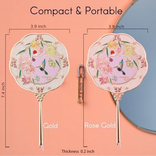 Hand Mirror, Handheld Mirror with Hummingbird Embossed Patterns, Elegant Metal Hand Craft Makeup Mirror, Beautiful Gift Value, Compact and Portable (Hummingbird Gold) Hummingbird Gold