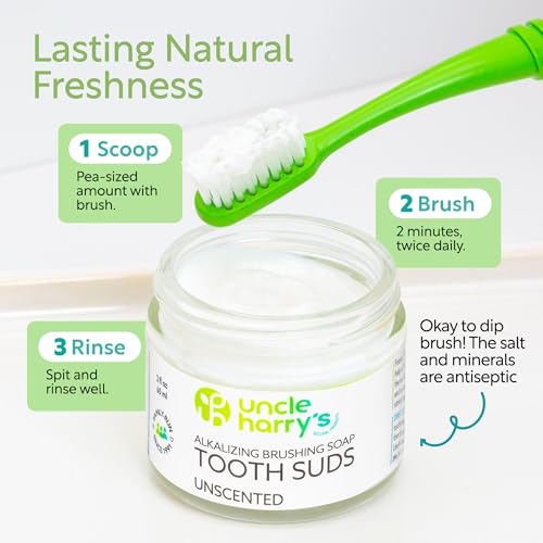 Uncle Harry's Non-Abrasive Unscented Brushing Soap Tooth Suds | Natural Remineralizing Toothpaste Freshens Breath & Promotes Enamel | Vegan Fluoride Free Toothpaste (2 oz) (Pack of 2) 2 Fl Oz (Pack of 2)