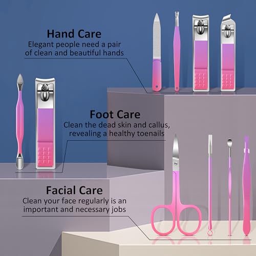 BLESWIN 10 in 1 Manicure Pedicure Kit, Manicure Kit for Women Professional, Mens Nail Grooming Kit, Manicure Tools Gift for Luxury Leather Travel Case for Family Friends (Pink & Purple) 5-Gradient Pink & Purple