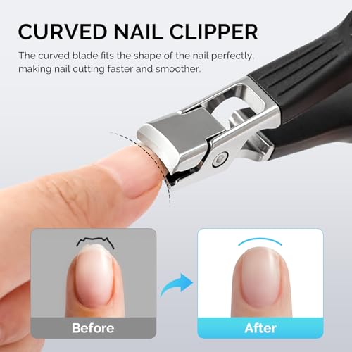 MelodySusie Wide Jaw Opening Nail Clippers Set, 2 pcs Toenail Clippers for Seniors Thick Nails, Anti-Splash Curved and Slanted Nail Clippers for Men Women, Fingernail Cutter with Catcher, Black 2pcs Nail Clippers