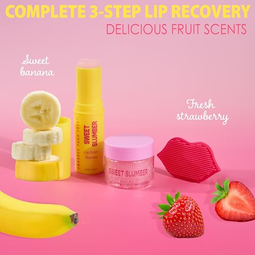 3pc Lip Care Set – Pout Perfection Strawberry Lip Scrub, Banana Lip Balm, and Silicone Lip Scrubber Tool – Exfoliating & Moisturizing Lip Treatment Kit – 0.95 Oz Tota