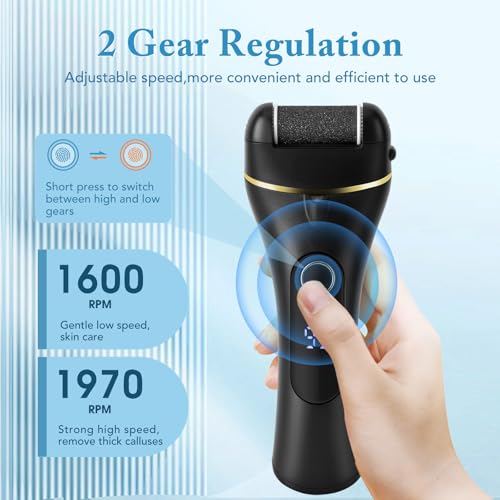 VINGVO Electric Feet Callus Remover, Rechargeable IPX5 Foot Care Pedicure Kit, for Dead Skin&Cracked Heel, Electric Foot File Set with 3 Roller Heads (Black) Black